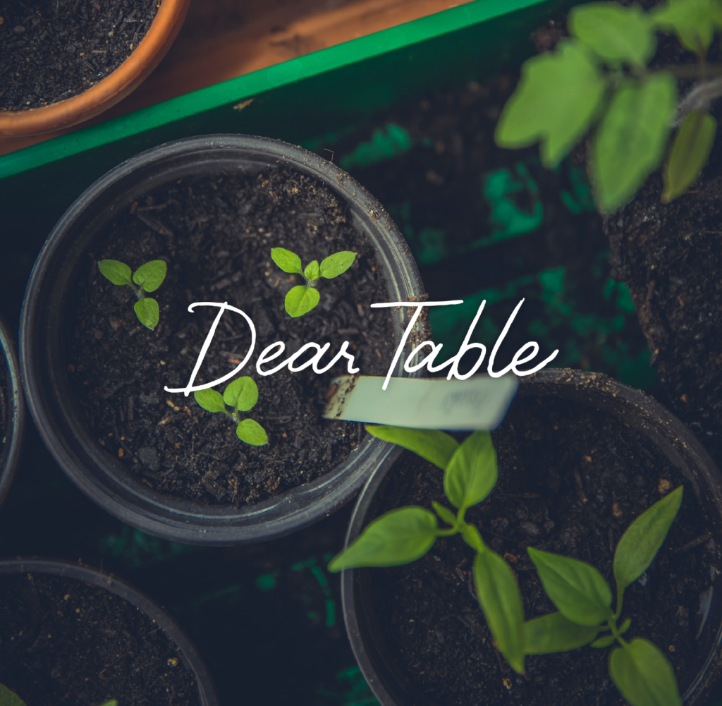 Seedlings growing in pot filled with dirt. Dear Table written in script over top of image